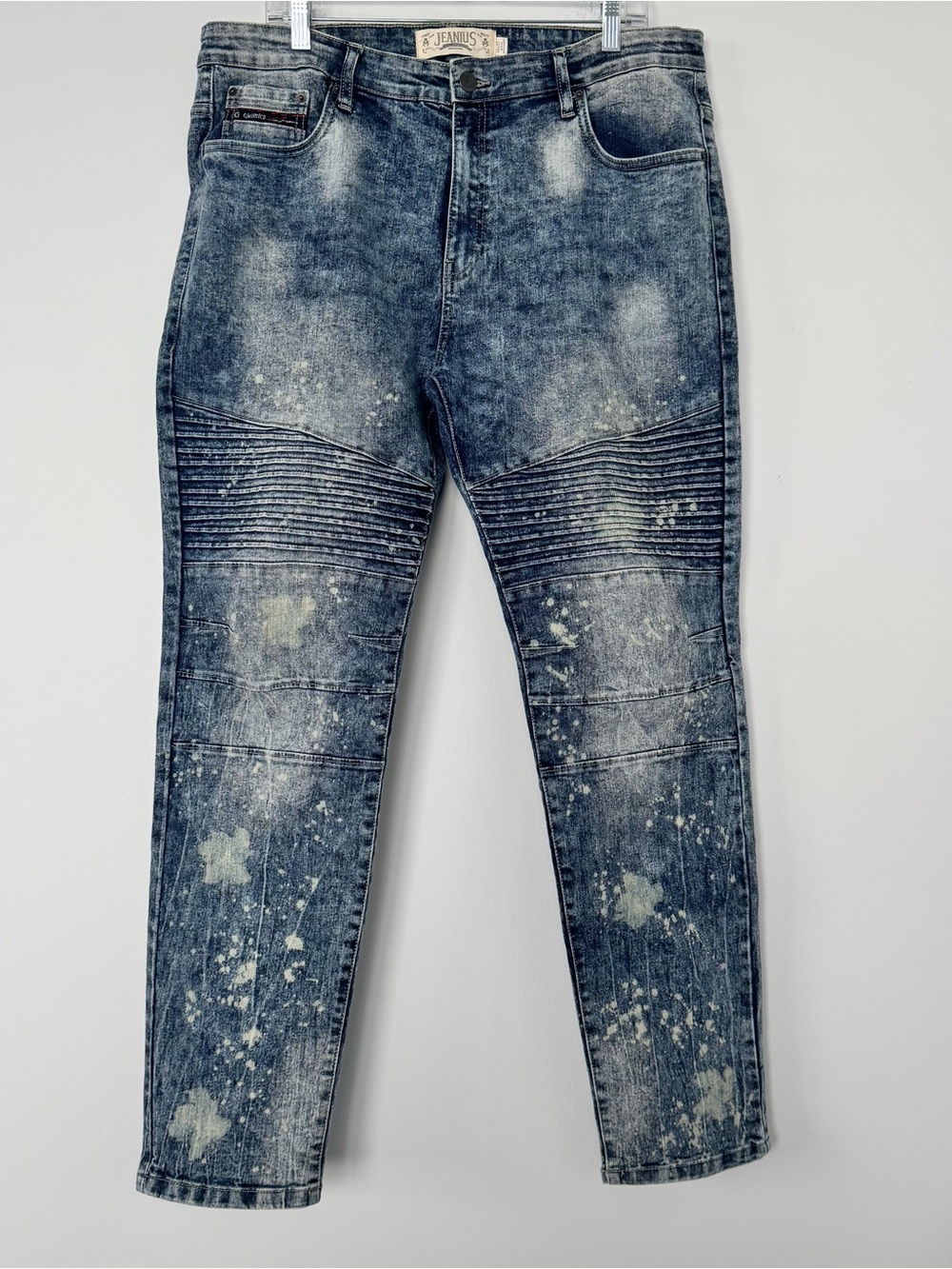 Akademiks Jeanius Moto Biker Jeans Mens 38x32 Acid Wash Bleach Splatter Stretch
